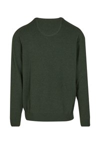 Ciemnozielony sweter z długim rękawem i okrągłym dekoltem, z ribbami na mankietach i dolnym brzegu, wyeksponowany na białym tle.