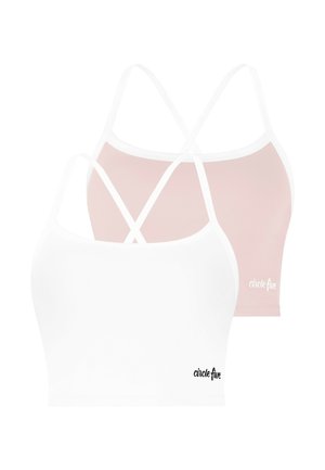 Zwei Damen-Cropped-Camisoles mit dünnen gekreuzten Trägern, eine in Weiß und eine in Hellrosa, beide mit dem Text "circle five" am Saum.