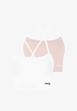 Zwei Damen-Cropped-Camisoles mit dünnen gekreuzten Trägern, eine in Weiß und eine in Hellrosa, beide mit dem Text "circle five" am Saum.