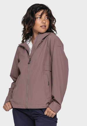 Lightweight, mauve waterproof jacket with adjustable hood, zippered front, side pockets, and elastic cuffs. Smooth texture with subtle branding.
