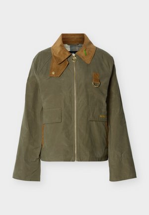 Olive green waxed cotton jacket with brown corduroy collar, front zipper, two flap pockets, and metal D-ring detail on chest.