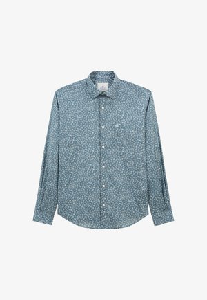 Chemise à manches longues pour homme, en tissu bleu avec un petit motif floral blanc, dotée d'une poche sur la poitrine et d'un col classique.