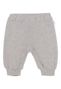 Zachte grijze baby-sweatpants met elastische tailleband en manchetten, met subtiele branding aan de voorkant aan de rechterzijde.