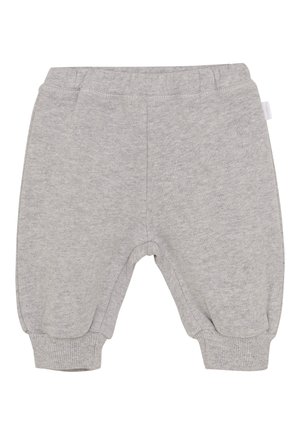 Zachte grijze baby-sweatpants met elastische tailleband en manchetten, met subtiele branding aan de voorkant aan de rechterzijde.