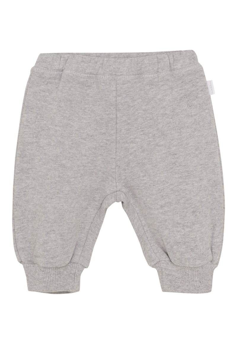 Zachte grijze baby-sweatpants met elastische tailleband en manchetten, met subtiele branding aan de voorkant aan de rechterzijde.