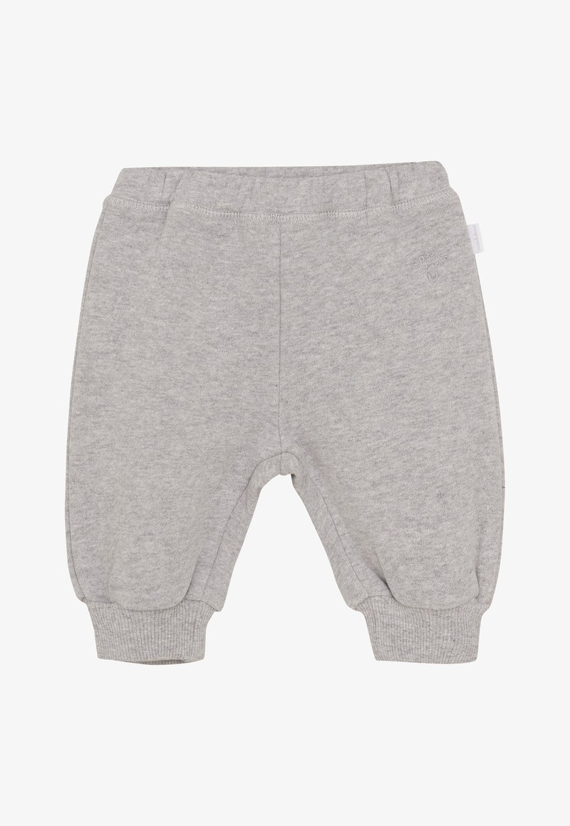 Zachte grijze baby-sweatpants met elastische tailleband en manchetten, met subtiele branding aan de voorkant aan de rechterzijde.