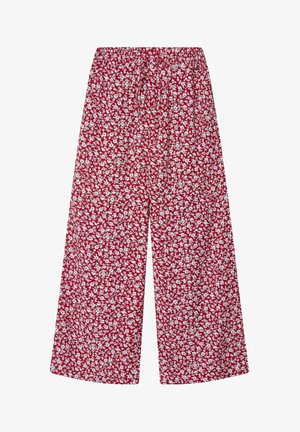 Rote weite Hose mit weißem Blumenmuster, elastischem Bund und leichtem Stoff, entworfen für Komfort und Atmungsaktivität.