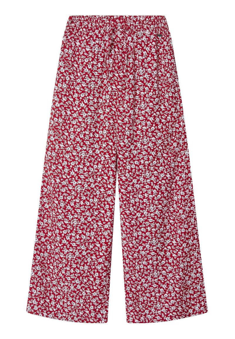 Rdeče hlače širokega kroja z belim cvetličnim vzorcem, z elastiko v pasu in lahkotnim materialom, zasnovane za udobje in zračnost.