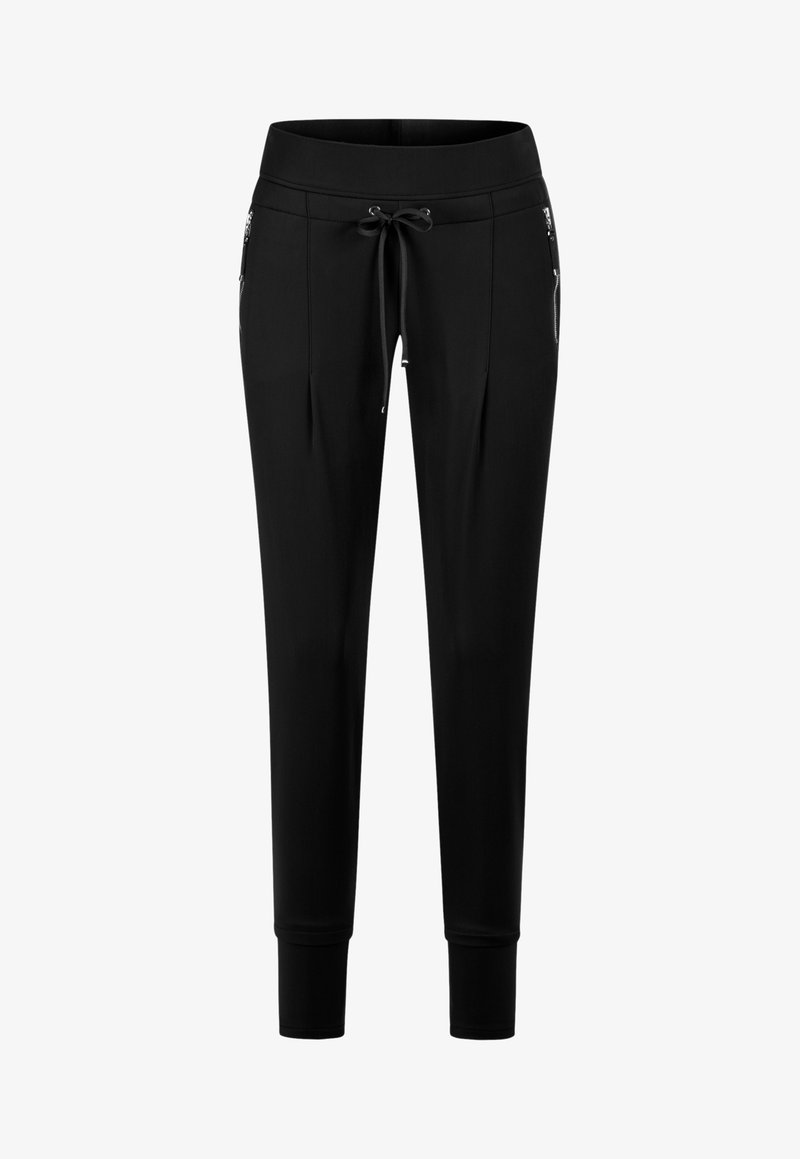 Black jogger pants with a drawstring waistband, side zip pockets, tapered legs, and a smooth, stretchy fabric.