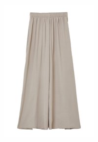 Pantaloni beige chiari a gamba larga con vita elasticizzata, in tessuto morbido e design fluido, con pieghe sottili per un movimento aggiuntivo.