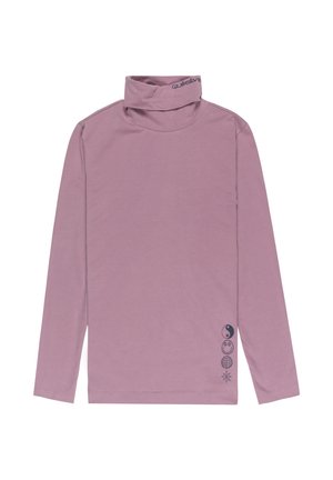 Light purple long-sleeve turtleneck shirt made of soft cotton, featuring a logo on the collar and graphic symbols on the side.