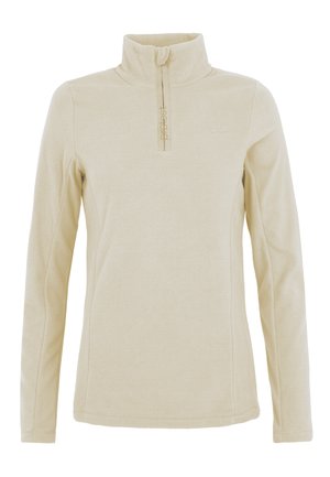 Beige fleece pullover with a half zip, long sleeves, and a stand-up collar. Features a subtle logo detail near the collar. Soft texture.