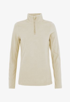 Beiger Fleece-Pullover mit halbem Reißverschluss, langen Ärmeln und Stehkragen. Mit einem dezenten Logo-Detail in der Nähe des Kragens. Weicher Griff.