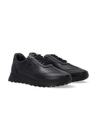 Czarne skórzane sneakersy z zaokrąglonym noskiem, teksturowaną cholewką i tonowanymi sznurowadłami. Posiadają logo po boku oraz wytrzymałą gumową podeszwę.