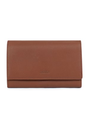 Portefeuille en cuir marron avec fermeture à rabat et logo "FACOLA" discrètement embossé centré sur le devant.