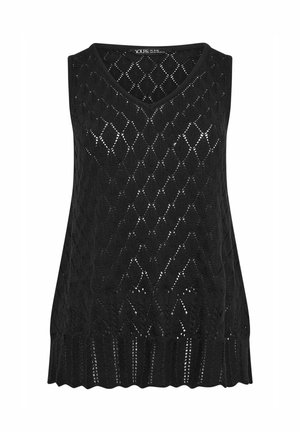 Haut en tricot noir sans manches avec col en V et motif ajouré en forme de losange sur toute la surface, ourlet côtelé festonné.