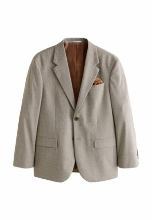 Beige ternet blazer med hakkede revers, enkeltknappet lukning, forlommer og et brunt mønstret foer. Inklusiv matchende lommetørklæde.