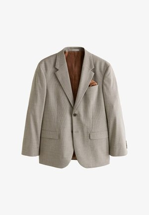 Blazer beige a quadretti con rever a incavo, chiusura con un bottone, tasche frontali e fodera marrone con motivo. Include un fazzoletto da taschino abbinato.