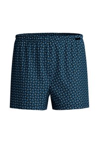 Pantaloni da bagno blu con motivo geometrico, cintura elastica e cordino, realizzati in tessuto leggero.