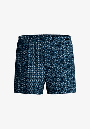 Blaue gemusterte Bade Shorts mit geometrischem Design, elastischem Bund und Kordelzug, aus leichtem Stoff gefertigt.