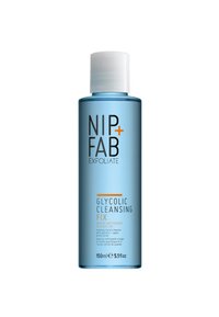 Heldere blauwe plastic fles met een witte dop, gelabeld "Glycolic Cleansing Fix," met zwarte en oranje tekst, 150 ml volume.