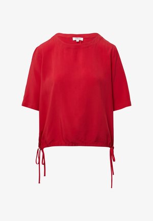 Red, short-sleeved blouse in lightweight fabric. Features a round neckline and adjustable drawstrings at the hem for a fitted look.