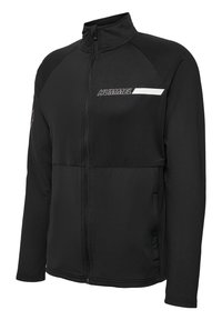 Sort lynlåstrøje med høj krave, lange ærmer, sidelommer og hvidt "HUMMEL"-logo på øverste bryst.