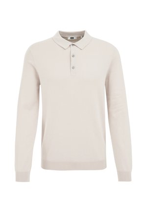 Jasno beżowy długi rękaw polo sweter z klasycznym kołnierzykiem, zapinany na trzy guziki, z prążkowanymi mankietami i dołem. Gładka dzianinowa tekstura.