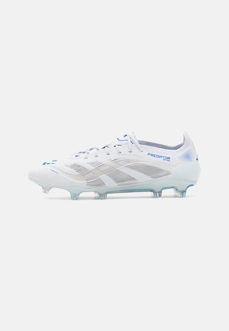 White soccer cleat with blue accents, featuring a textured upper, lace closure, and molded studs for traction on the field.