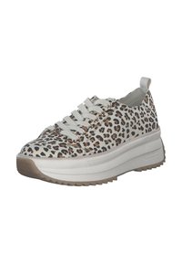 Sneaker con stampa leopardata, suola bianca spessa, punta rotonda e dettagli testurizzati. Presenta lacci leggeri e un occhiello sul tallone.