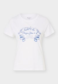 Λευκό T-shirt με κοντά μανίκια και λαιμόκοψη τύπου crew, με μπλε λουλουδένιο σχέδιο και εκτύπωση "LOVE Pepe Jeans LONDON" στο μπροστινό μέρος.