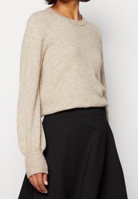 Pull en maille beige à col rond, manches à poignets côtelés et coupe décontractée. Porté avec une jupe noire, mettant en valeur une texture douce et une légère variation de couleur.