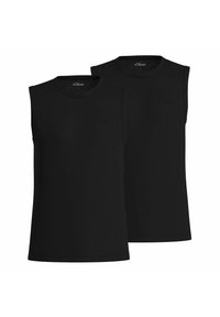 Zwei schwarze ärmellose T-Shirts aus glattem Baumwollstoff mit rundem Ausschnitt und weicher Textur, die ein dezentes Logo auf der Vorderseite aufweisen.