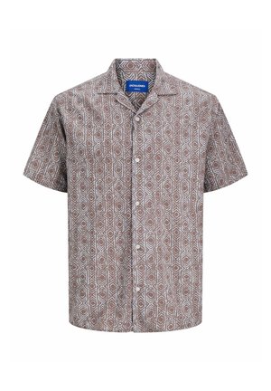 Chemise à manches courtes marron avec un motif géométrique blanc. Dotée d'un col camp et de cinq boutons sur le devant. Tissu léger.