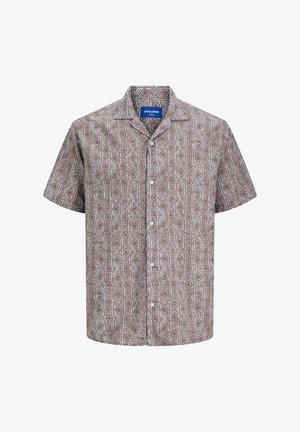 Korte mouw shirt in bruin met een geometrisch wit patroon. Heeft een camp collar en vijf knopen aan de voorkant. Lichtgewicht stof.