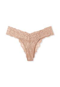 Spitzen-Tanga in einer nude Farbe mit floralem Muster. Verfügt über gewellte Kanten und eine weiche, zarte Textur. Minimales Rückendeckendesign.