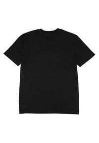 Schwarzes Baumwoll-T-Shirt mit kurzen Ärmeln, Rundhalsausschnitt und glatter Textur. Keine sichtbaren Grafiken oder Muster.
