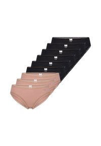 Sæt med ni damebomuldstrusser, seks sorte og tre beige, med bølget blonderkant og mærker foran i taljen.