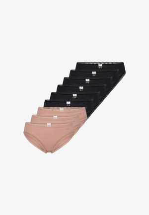 Satz von neun Damen-Baumwollslips, sechs schwarz und drei beige, mit gewelltem Spitzenbesatz und vorderen Bundetiketten.