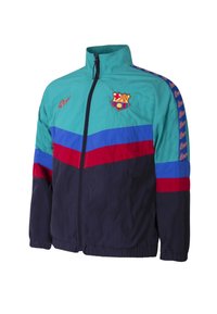 Windbreakerjack met een teal, blauwe, rode en marine kleurblokontwerp. Inclusief een ritssluiting aan de voorkant, hoge kraag en teamlogo op de borst.