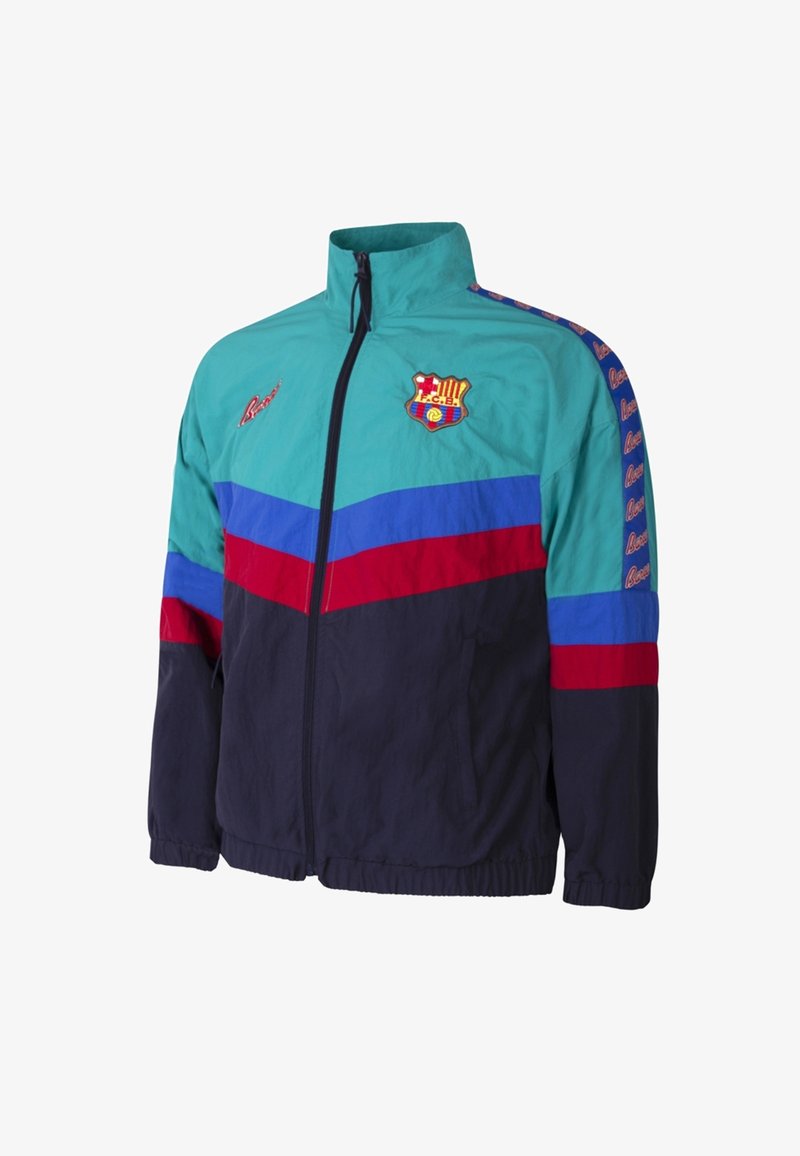 Windbreakerjack met een teal, blauwe, rode en marine kleurblokontwerp. Inclusief een ritssluiting aan de voorkant, hoge kraag en teamlogo op de borst.