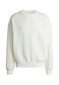 White sweatshirt made from soft fabric, featuring a crew neckline, ribbed cuffs, and a gathered waistband with a relaxed fit.