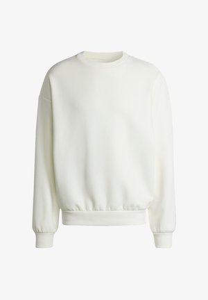 Sudadera blanca confeccionada con tela suave, que presenta un cuello redondo, puños acanalados y una cintura fruncida con un ajuste relajado.