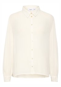 Camicia button-up crema a maniche lunghe con colletto classico. Realizzata in un tessuto leggero, presenta una pattina frontale con bottoni perlati.