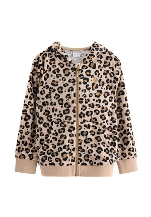 Beige lynlås-hættetrøje med sort og brun leopardprint, ribstrikkede manchetter og kant, forlommer, en hætte og en lille guldfarvet hjerte detalje på venstre bryst.