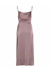 Satin midiklänning i en ljus mauve-färg med tunna band, V-ringning och ett korsat öppet ryggdesign. Slät textur, utan mönster.