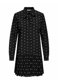 Juoda suknelė-šilkinis marškiniai su baltais taškeliais, ilgomis rankovėmis, kaklaraištis su kaspinu, priekyje saga mygtukais ir raukytu sijono detaliu. Medvilnės mišinio audinys.