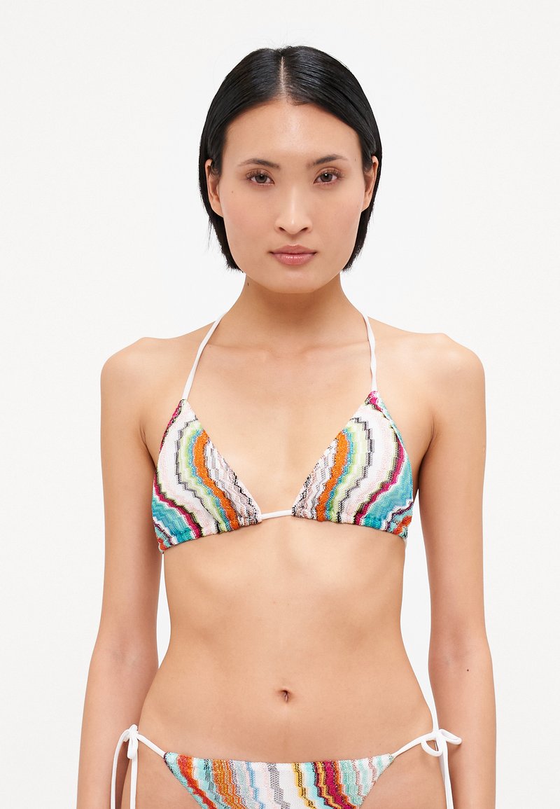 Colorful triangular bikini top and matching bottom, featuring multicolored striped patterns on a textured fabric with thin white ties.