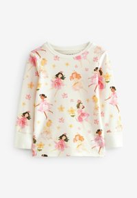 Maglietta crema a maniche lunghe per bambini piccoli con illustrazioni colorate di bambine ballerine in tutù rosa e fiori gialli e rosa sparsi.