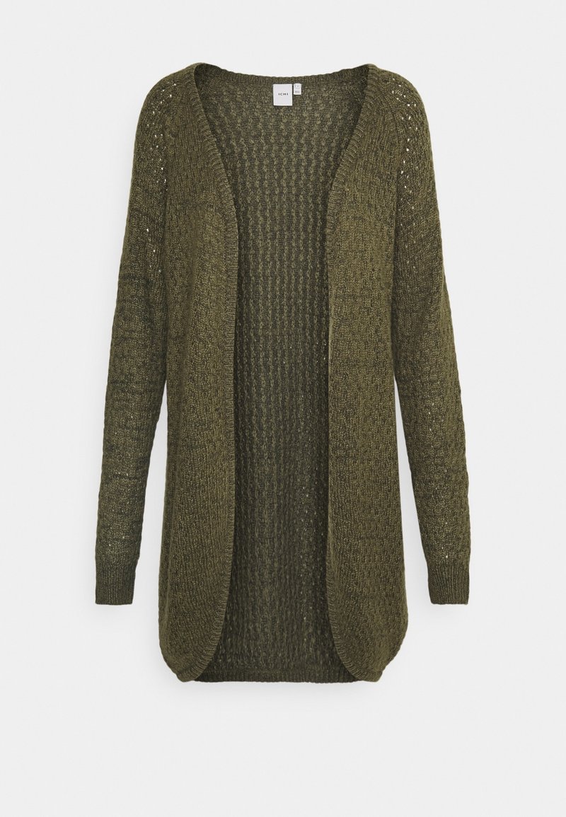 Cardigan en maille vert olive ouvert sur le devant avec manches longues et motif texturé, suspendu sur un fond blanc.